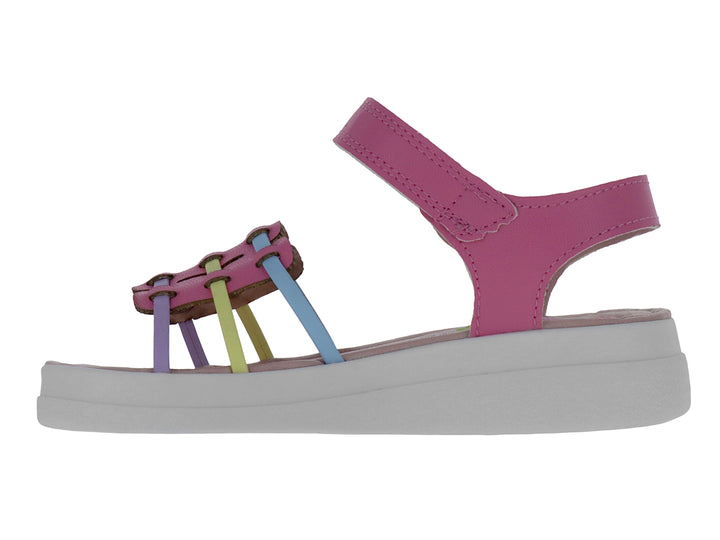 Sandalia para Niña marca Guany en color fucsia con tiras entrelazadas multicolor y suela blanca.