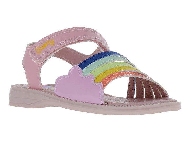 Sandalia rosa para niña con diseño de nube y arcoíris multicolor en la parte superior.