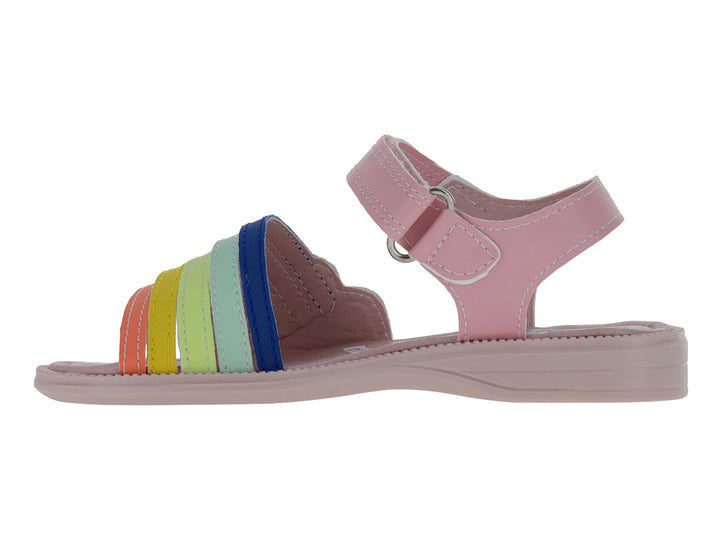 Sandalia rosa para niña con diseño de nube y arcoíris multicolor en la parte superior.