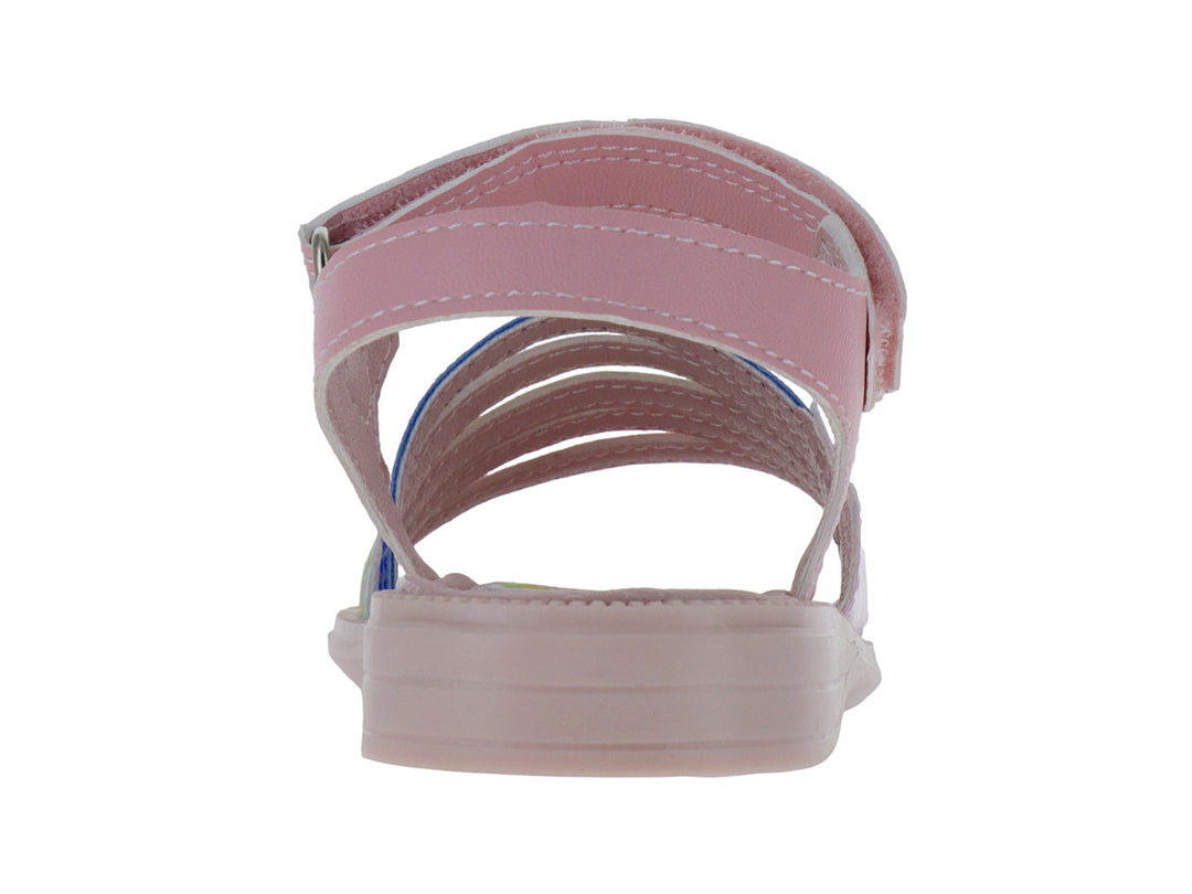 Sandalia infantil color rosa con diseño de nube y arcoíris multicolor en la parte superior.