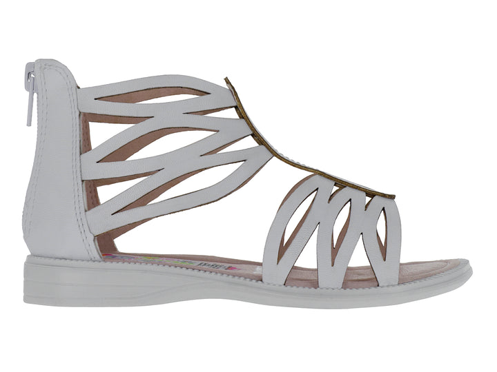 Sandalia blanca para niña estilo gladiador con tiras caladas y suela blanca.