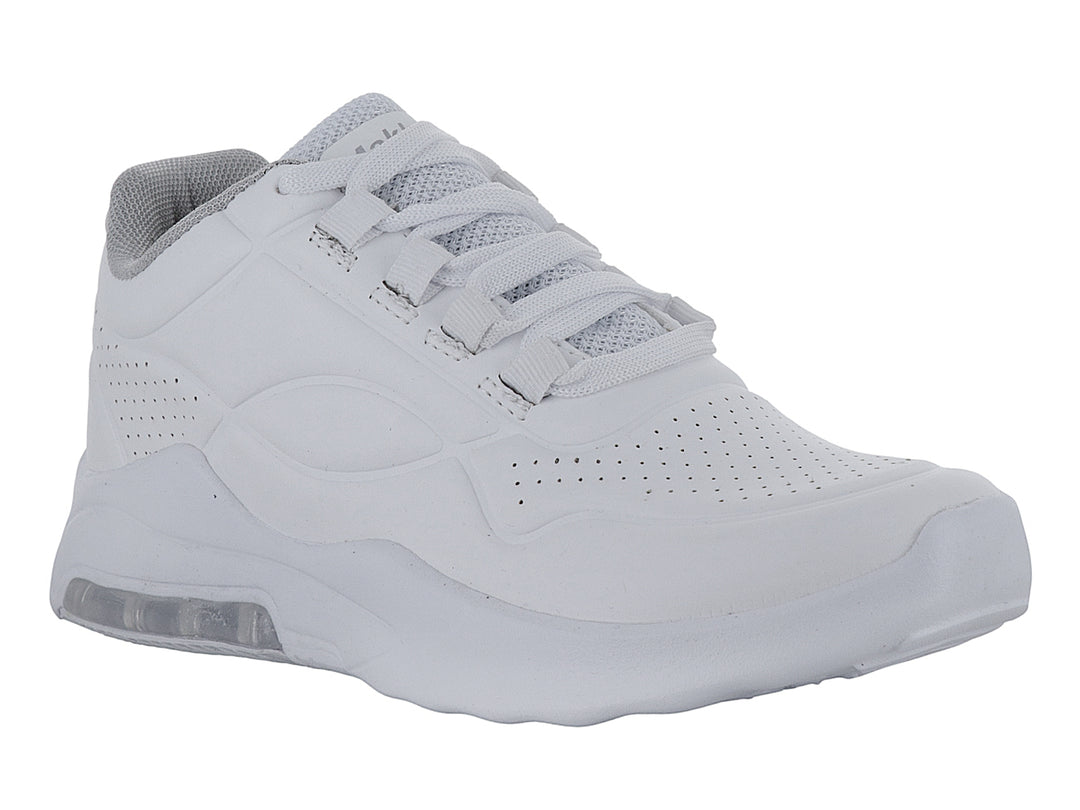 Tenis deportivos color blanco con suela amortiguada y detalles perforados.