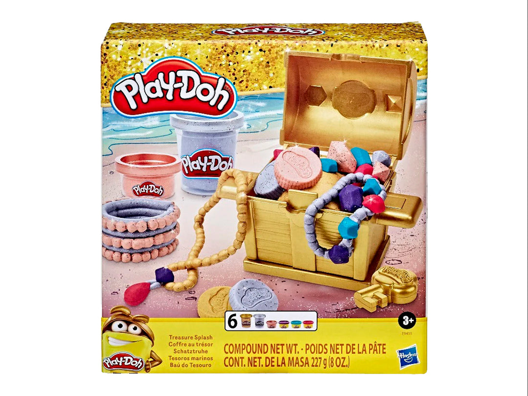 Set de juego Play-Doh Treasure Splash con cofre dorado, accesorios y botes de masa multicolor.
