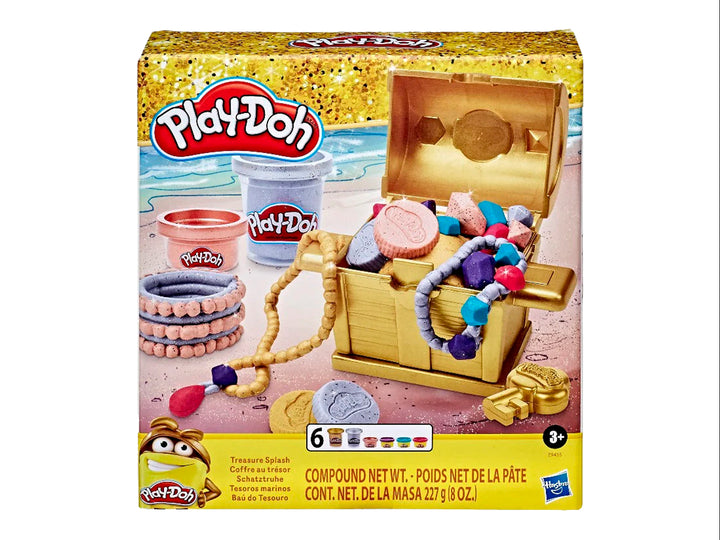 Set de juego Play-Doh Treasure Splash con cofre dorado, accesorios y botes de masa multicolor.