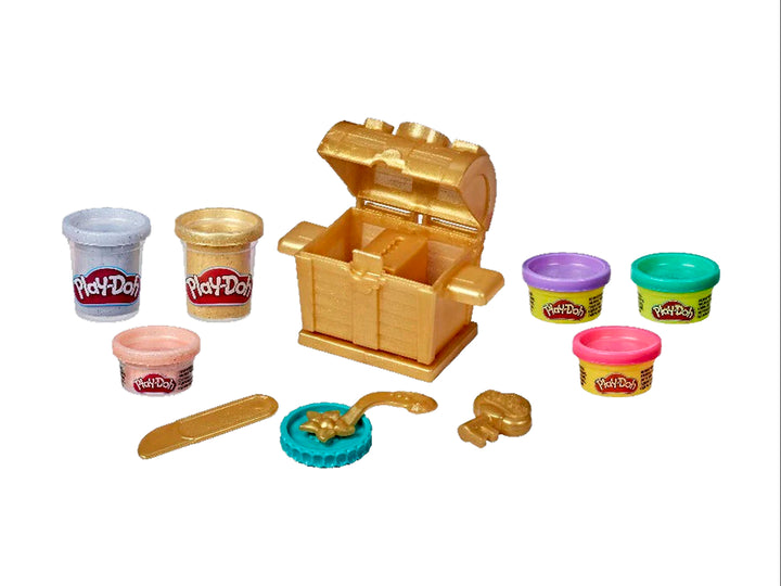 Set de juego Play-Doh Treasure Splash con cofre dorado, accesorios y botes de masa multicolor.