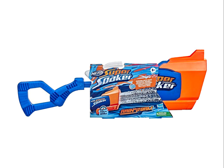 Lanzador de agua Nerf Super Soaker Rainstorm en colores azul y naranja con depósito transparente.