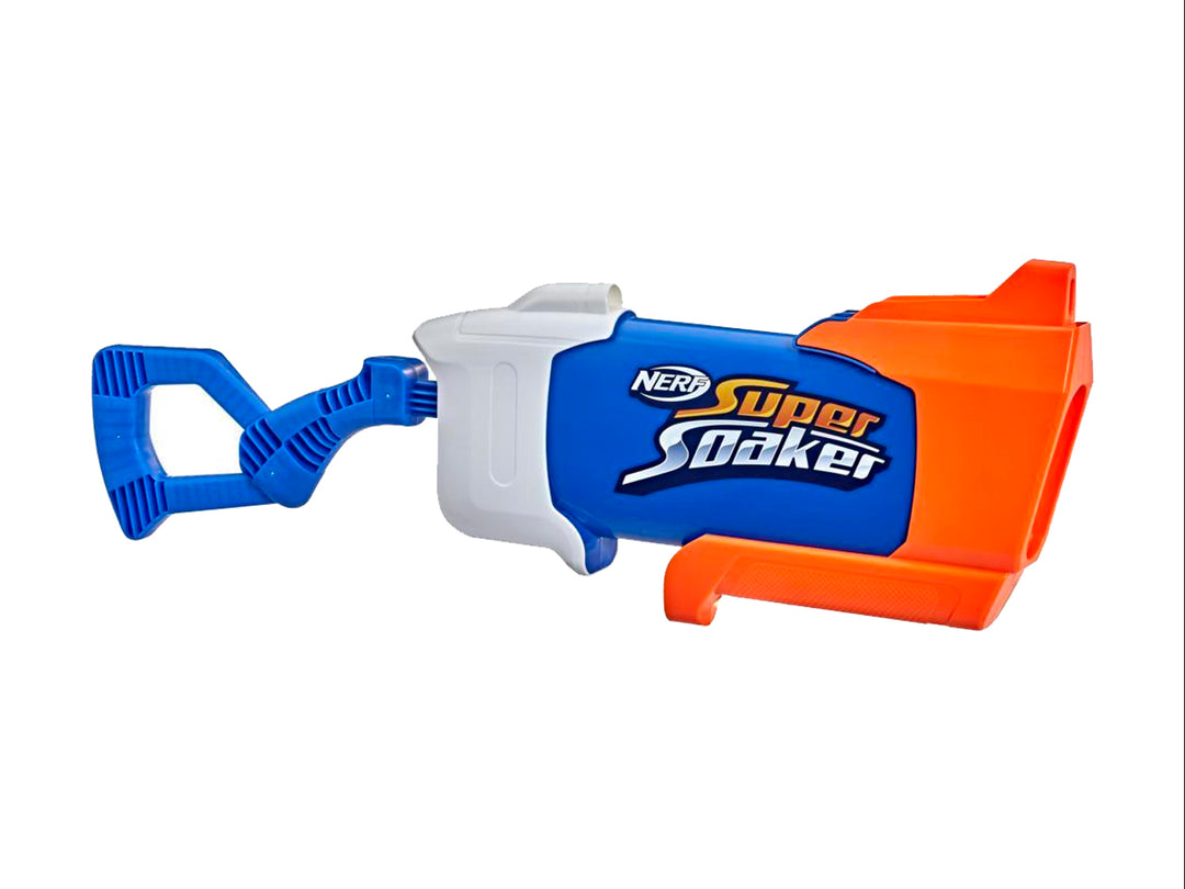 Lanzador de agua Nerf Super Soaker Rainstorm en colores azul y naranja con depósito transparente.