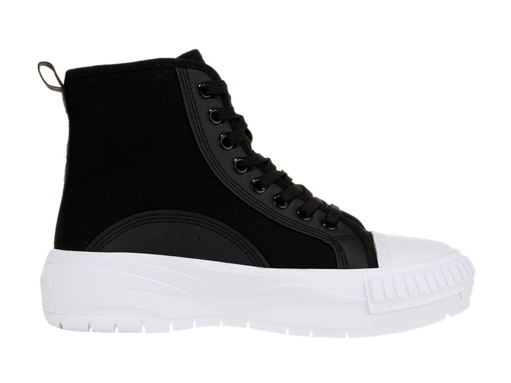 Tenis Lotto de bota alta en color negro con suela blanca gruesa y punta reforzada.