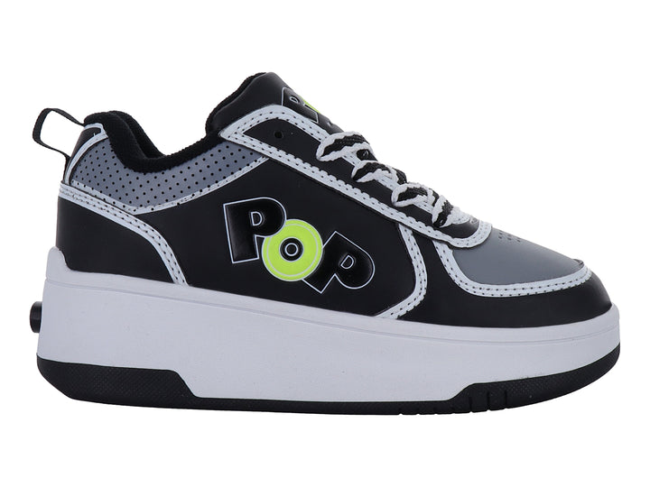 Tenis Heelys en colores negro, gris y amarillo con suela de plataforma blanca y negra.