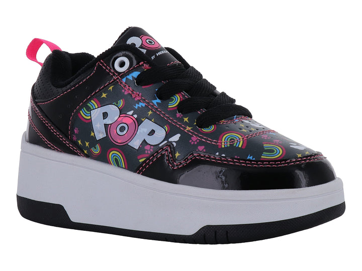 Patín Heelys negro con plataforma blanca y estampado multicolor de arcoíris y letras POP.