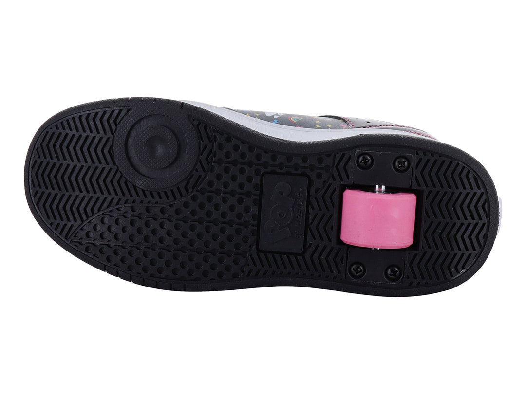 Patín Heelys negro con plataforma blanca y estampado multicolor de arcoíris y letras POP.