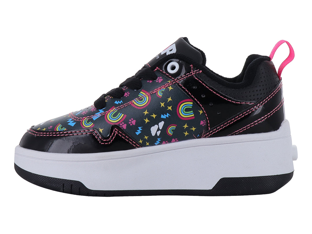 Patín Heelys negro con plataforma blanca y estampado multicolor de arcoíris y letras POP.