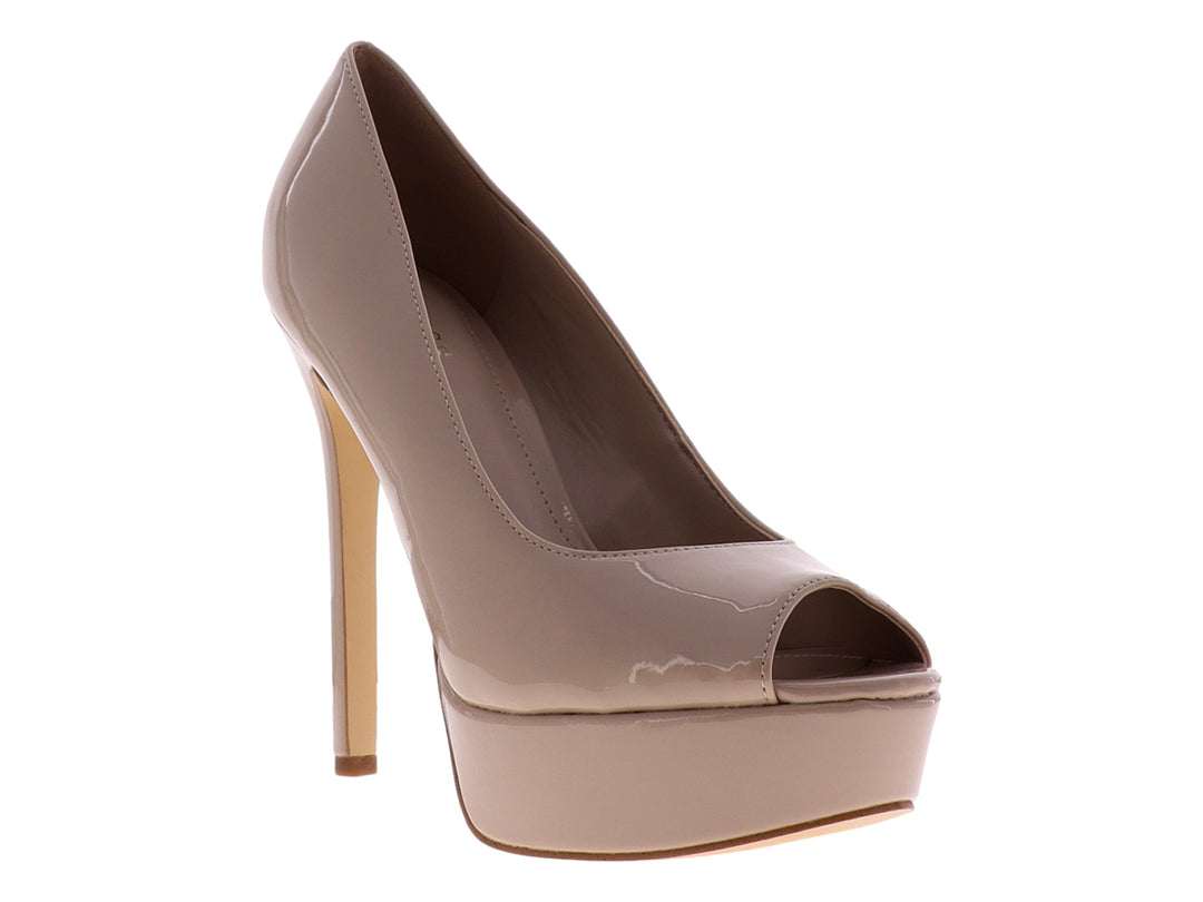 Zapato de tacón alto color natural con plataforma y punta abierta para mujer.