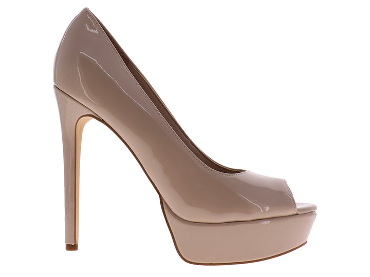 Zapato de tacón alto color natural con plataforma y punta abierta para mujer.