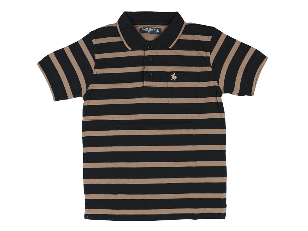 Camiseta tipo polo para niño con rayas horizontales en color azul marino y beige.