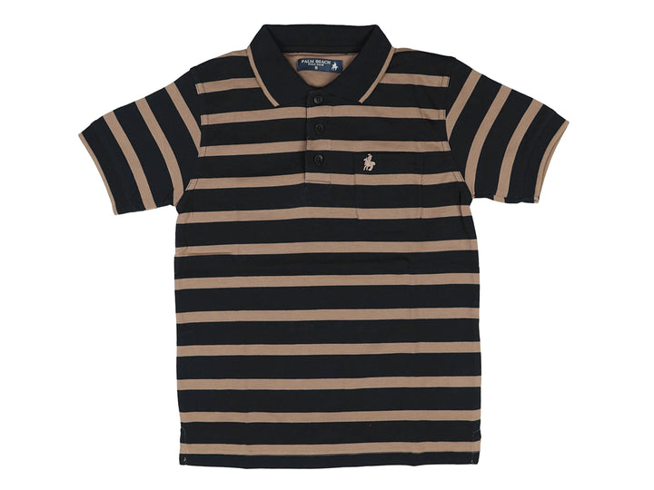 Camiseta tipo polo para niño con rayas horizontales en color azul marino y beige.