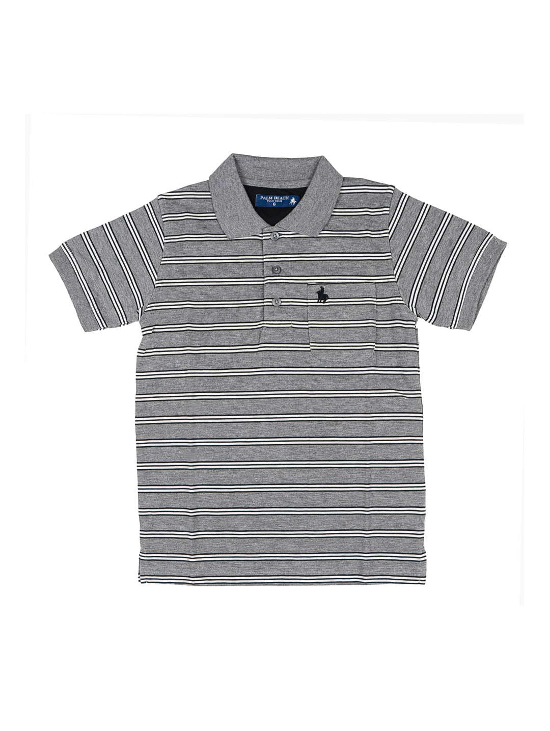 Playera polo para niño color gris con rayas horizontales blancas y cuello.