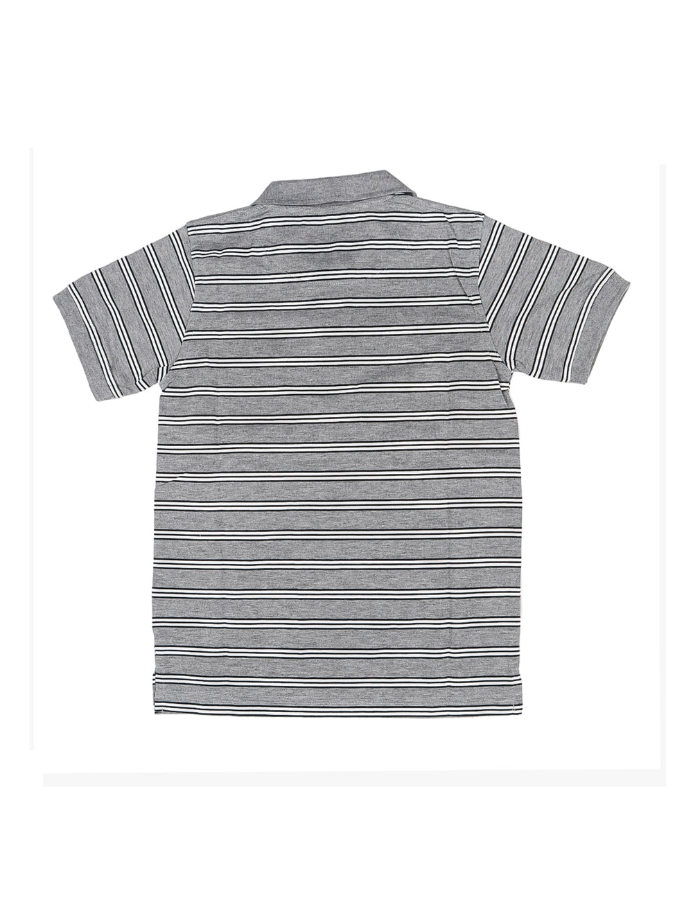 Playera polo para niño color gris con rayas horizontales blancas y cuello.