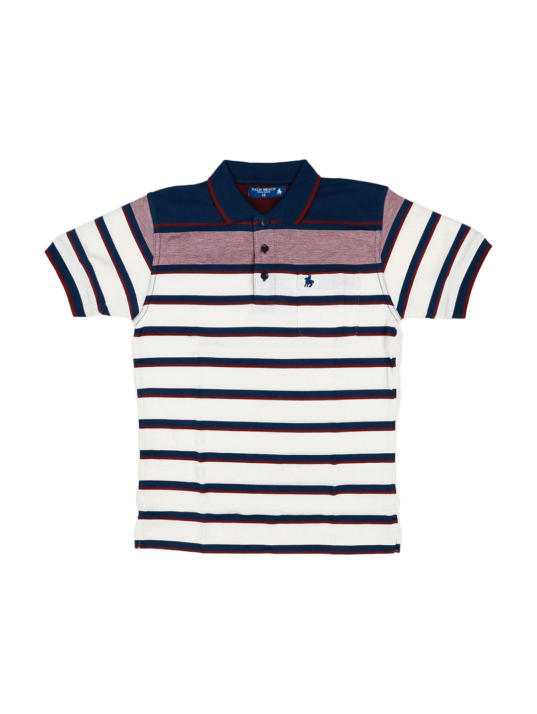 Playera polo para niño con rayas horizontales en colores blanco, azul marino y burgundy.