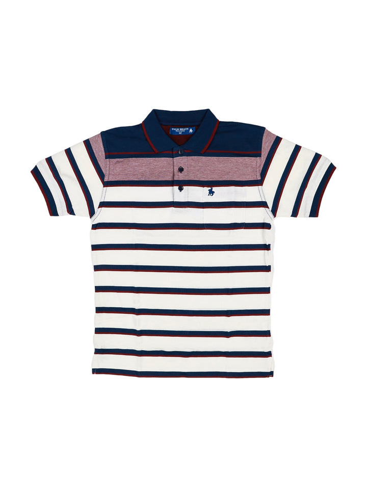 Playera polo para niño con rayas horizontales en colores blanco, azul marino y burgundy.