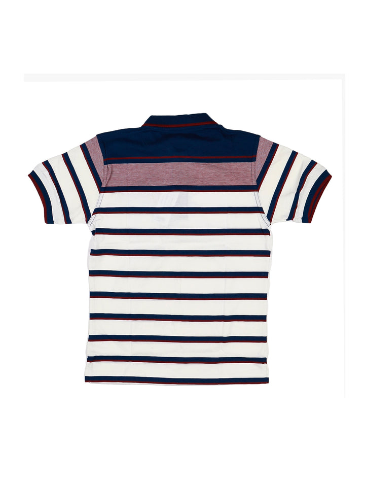 Playera polo para niño con rayas horizontales en colores blanco, azul marino y burgundy.