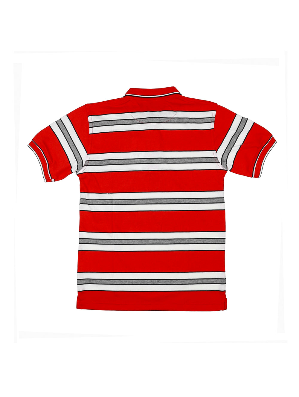 Playera polo para niño color rojo con rayas horizontales blancas y grises.