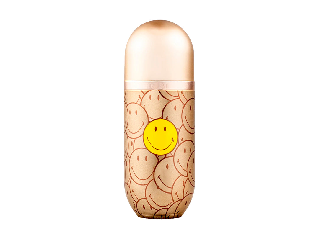 Perfume Carolina Herrera 212 VIP Rose Smiley en frasco y caja dorada con estampado de caritas sonrientes amarillas.