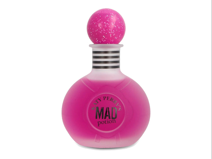 Perfume Katy Perry Mad Potion con frasco esférico rosa y caja negra con lunares blancos.