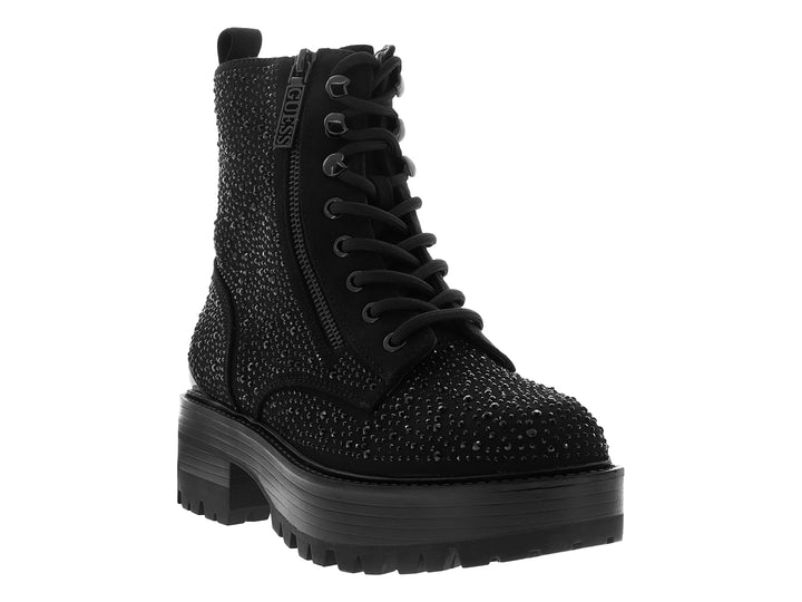 Bota negra de plataforma con incrustaciones brillantes, cordones y cierre lateral.
