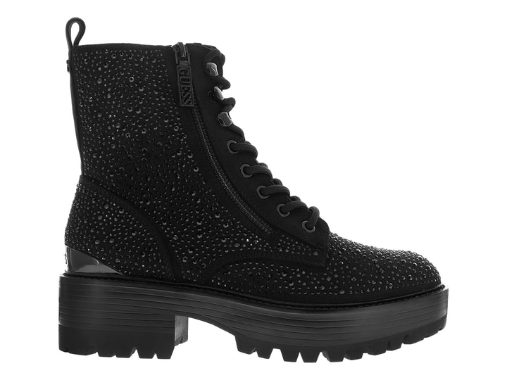 Bota negra de plataforma con incrustaciones brillantes, cordones y cierre lateral.