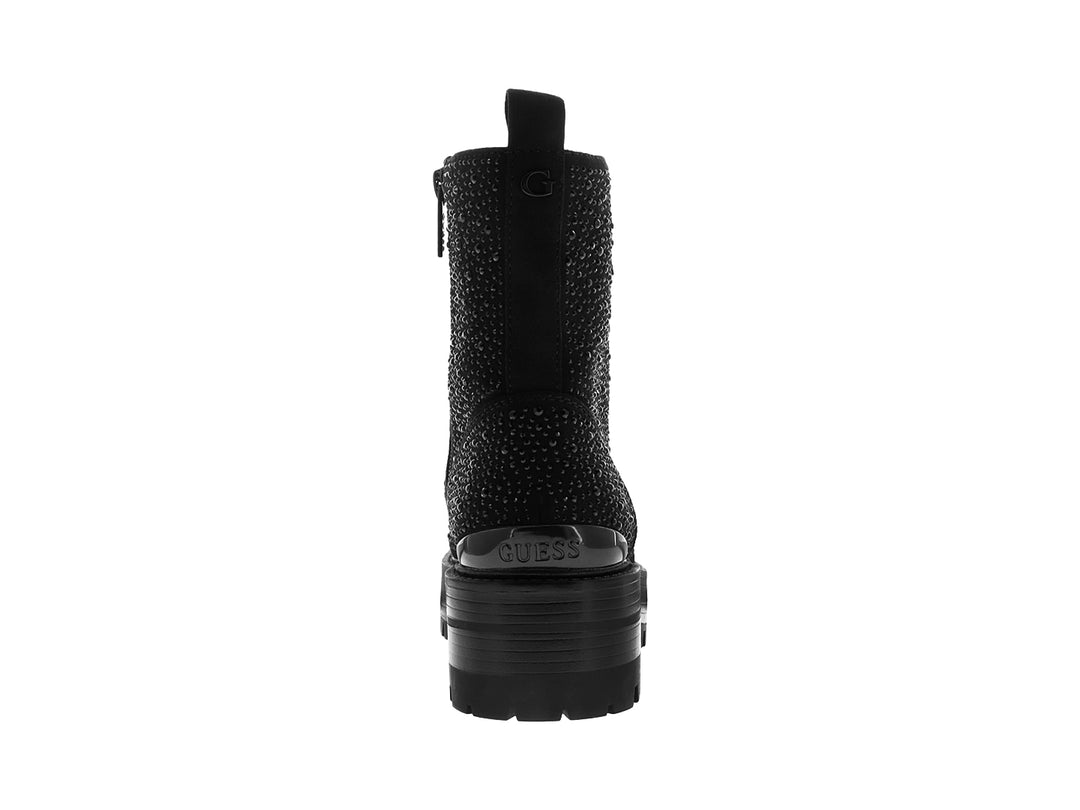 Bota negra de plataforma con incrustaciones brillantes, cordones y cierre lateral.