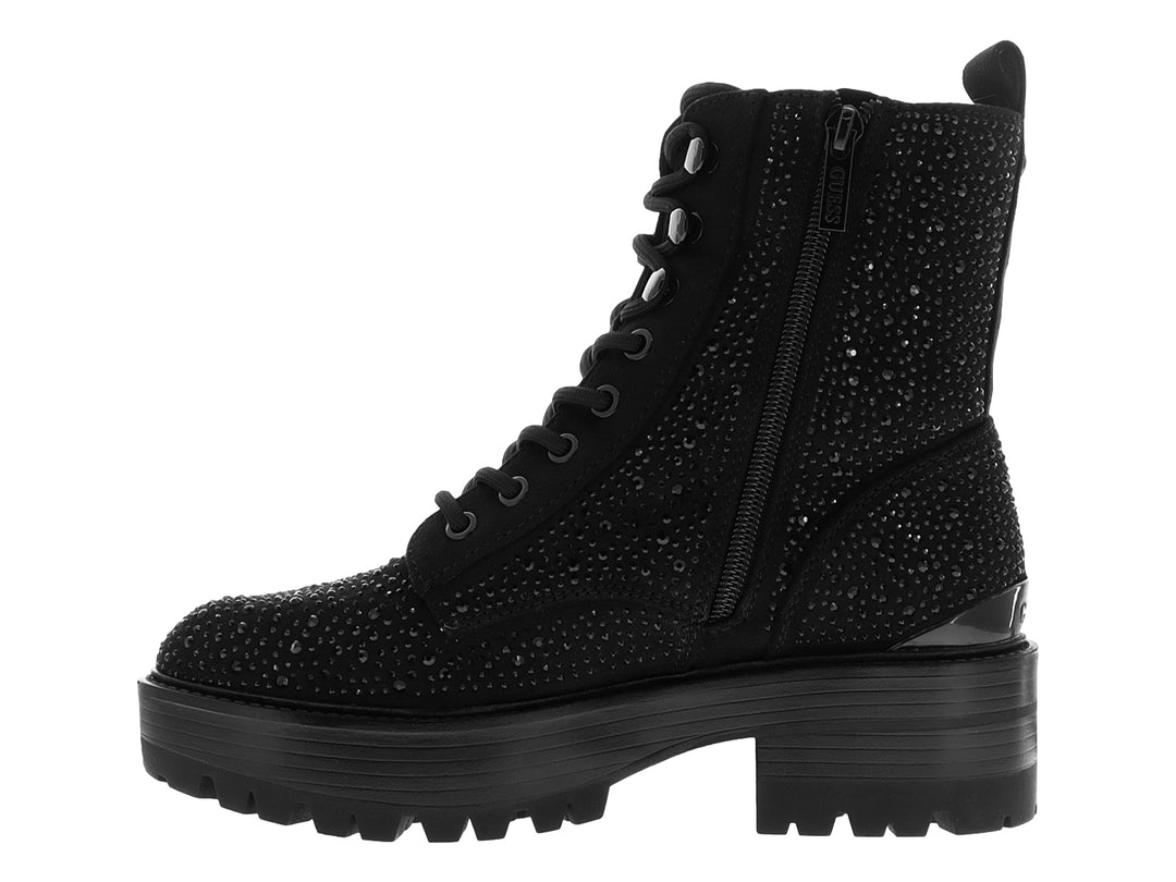 Bota negra de plataforma con incrustaciones brillantes, cordones y cierre lateral.