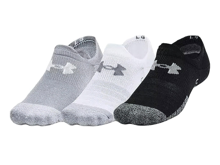 Paquete de tres pares de calcetines Under Armour no show en colores gris, blanco y negro.