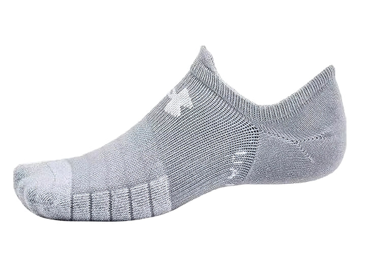 Paquete de tres pares de calcetines Under Armour no show en colores gris, blanco y negro.