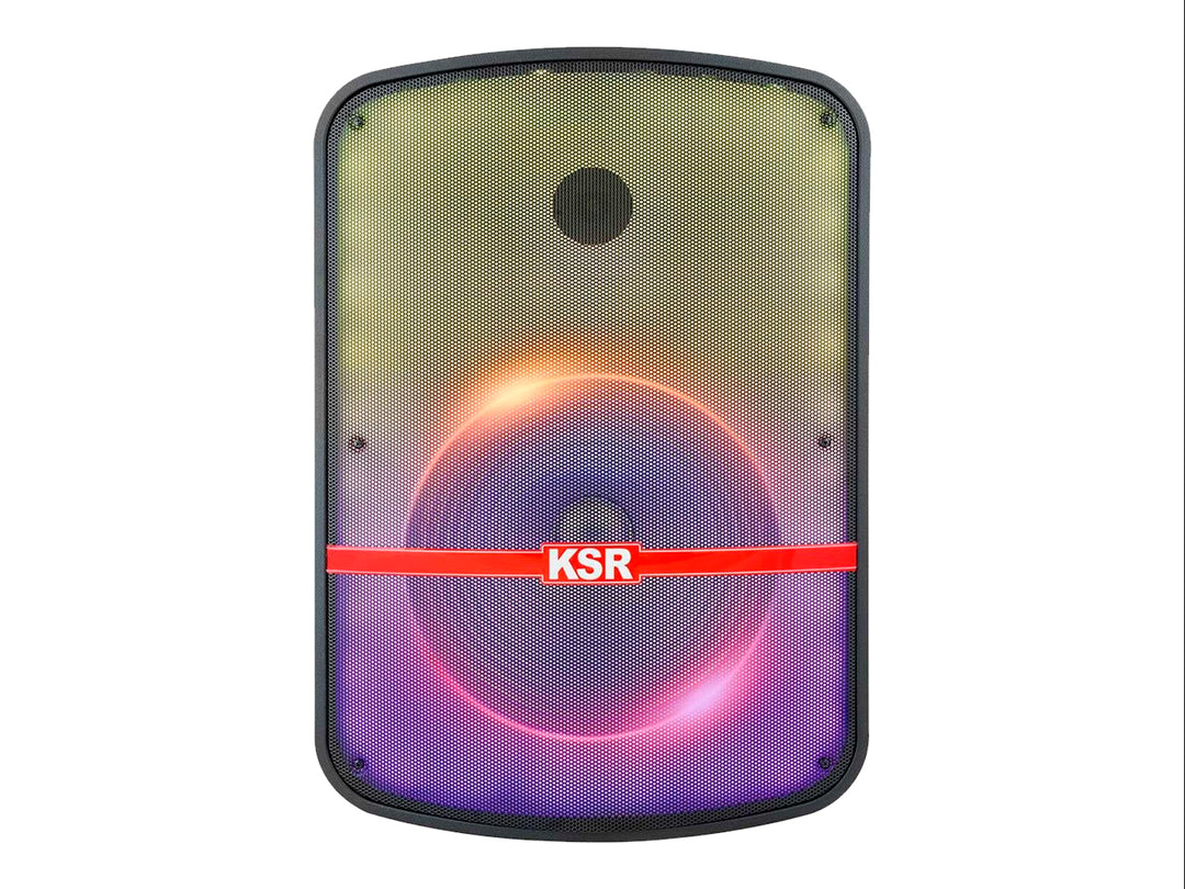 Bocina Kaiser Mitzu negra con rejilla frontal, franja roja central y luces LED multicolores integradas.