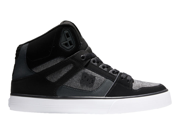 Tenis DC Shoes Pure High-Top en color negro y gris con suela blanca.