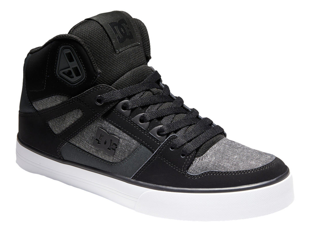 Tenis DC Shoes Pure High-Top en color negro y gris con suela blanca.