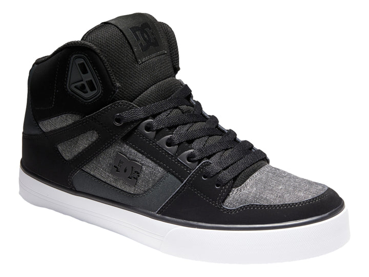 Tenis DC Shoes Pure High-Top en color negro y gris con suela blanca.