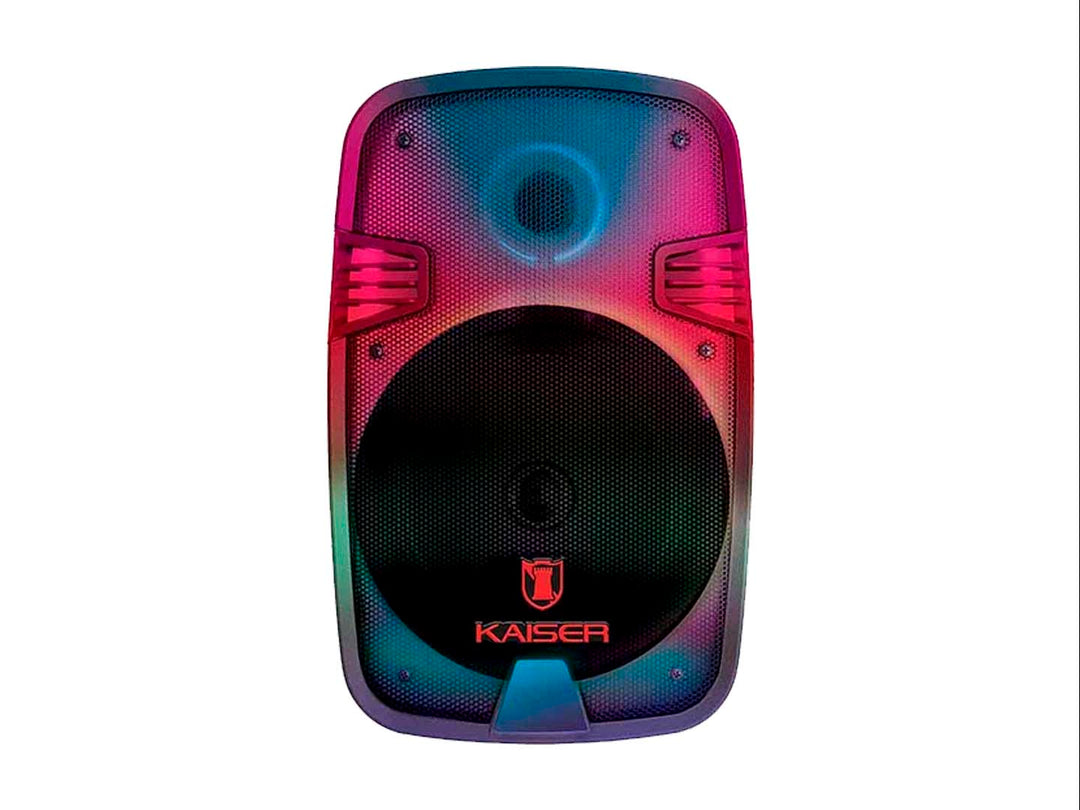 Bocina KAISER MITZU negra con carcasa translúcida e iluminación LED en colores azul y rojo.