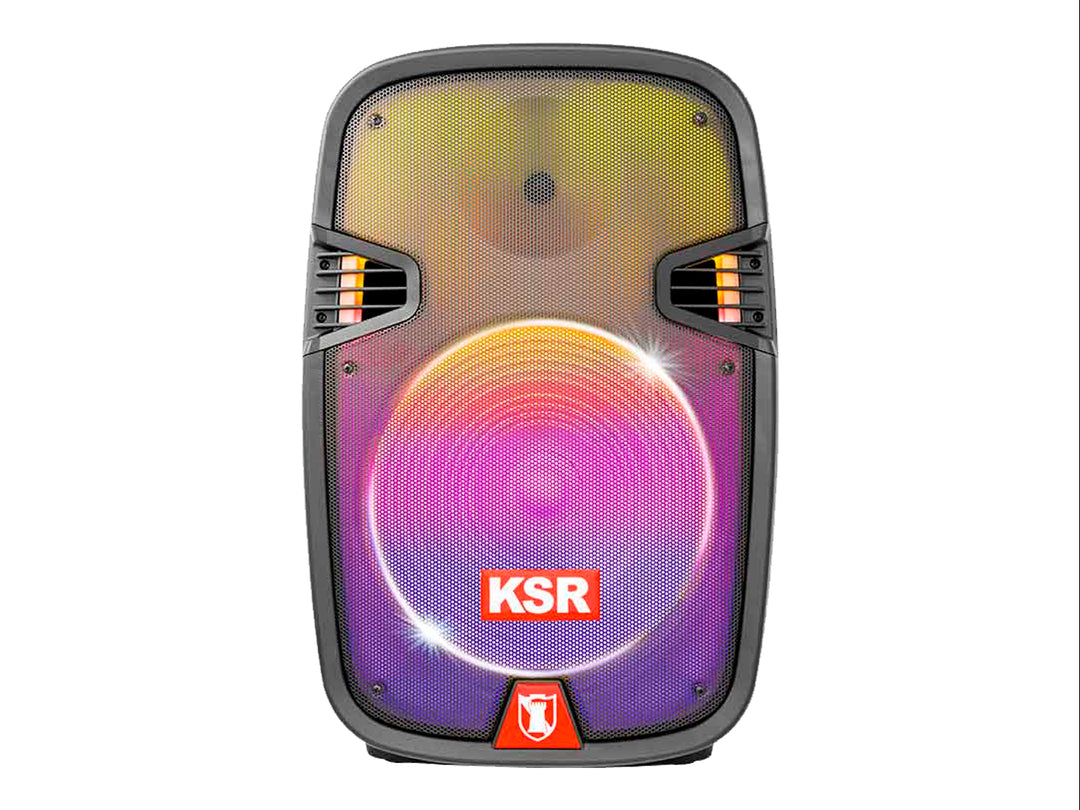 Bocina Kaiser Mitzu negra de 15 pulgadas con rejilla frontal y luces LED multicolores integradas.