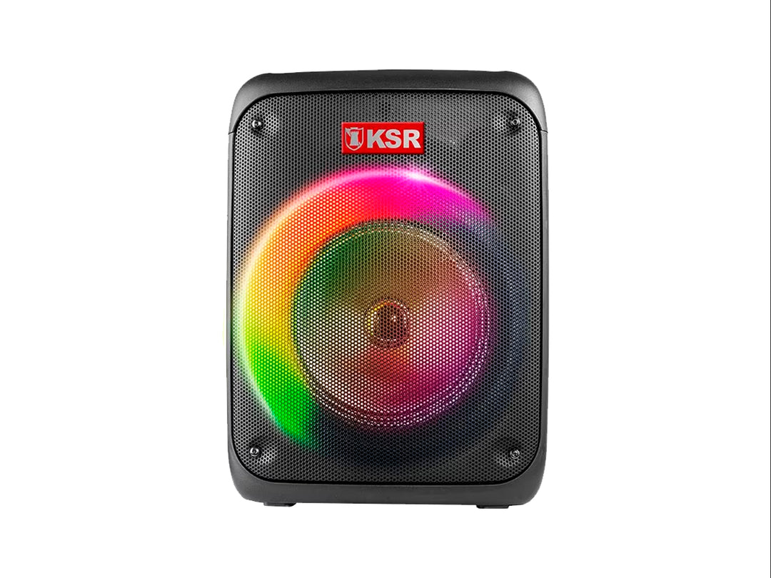Bocina Kaiser Mitzu negra con aro de luz multicolor LED y rejilla frontal protectora.