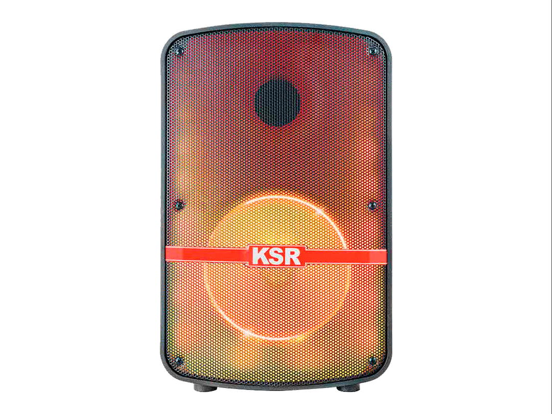 Bocina portátil Kaiser Mitzu color negro con rejilla frontal y luces LED internas en tonos cálidos.