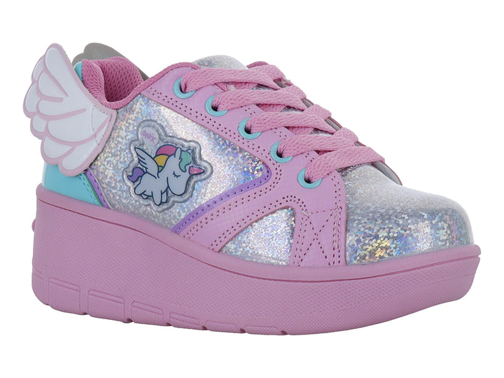 Tenis Heelys color rosa y plata con detalles de alas laterales, diseño de unicornio y suela de plataforma.