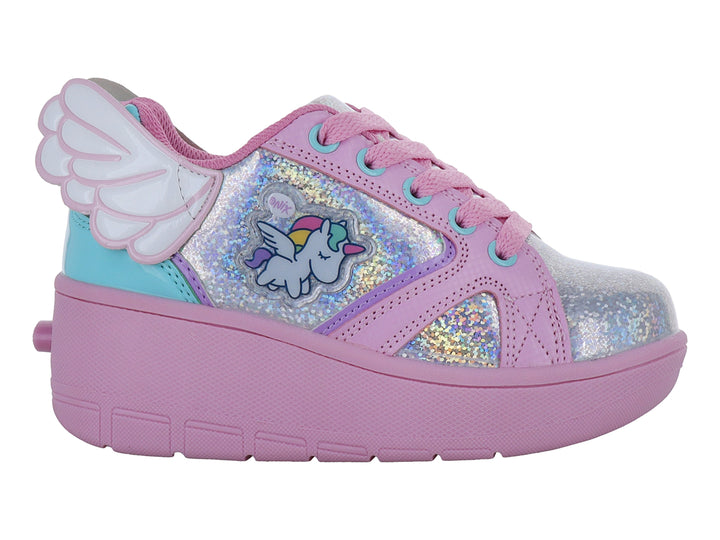 Tenis Heelys color rosa y plata con detalles de alas laterales, diseño de unicornio y suela de plataforma.