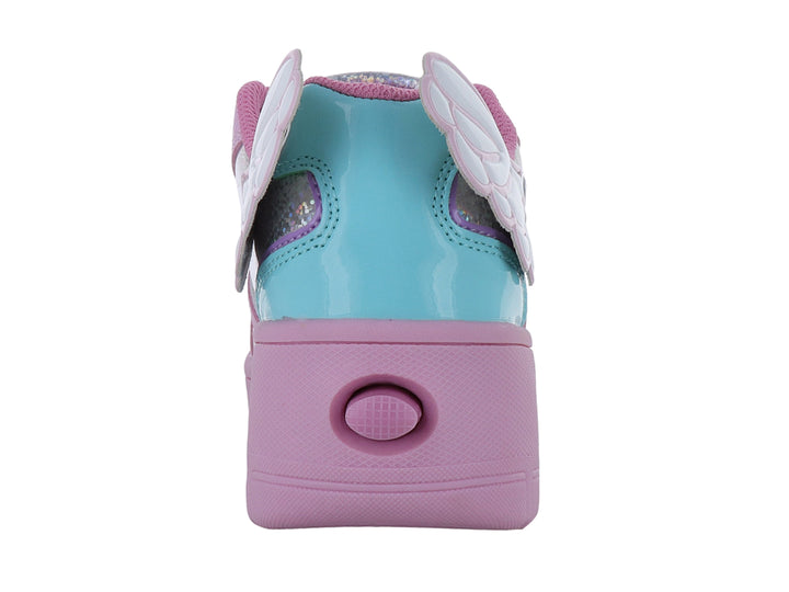 Tenis Heelys color rosa y plata con detalles de alas laterales, diseño de unicornio y suela de plataforma.