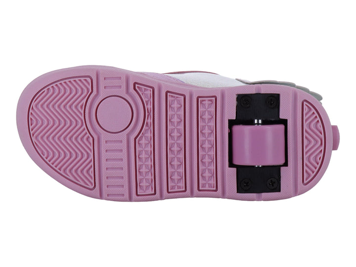 Tenis Heelys color rosa y plata con detalles de alas laterales, diseño de unicornio y suela de plataforma.