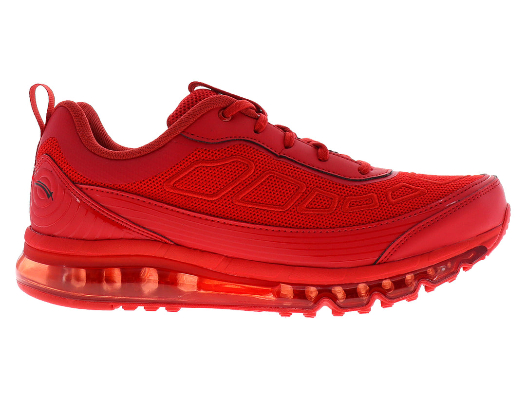 Tenis deportivos color rojo con suela de aire amortiguada y cuerpo de malla sintética.