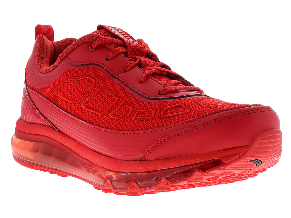 Tenis deportivos color rojo con suela de aire amortiguada y cuerpo de malla sintética.