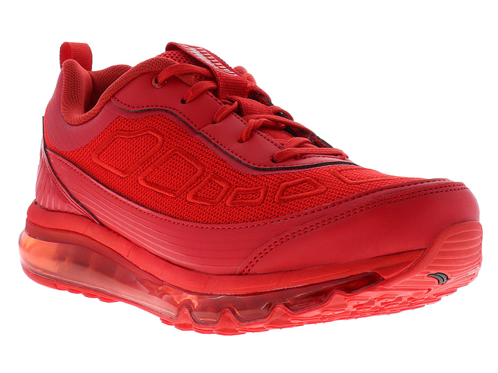 Tenis deportivos color rojo con suela de aire amortiguada y cuerpo de malla sintética.