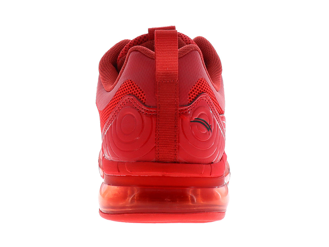 Tenis deportivos color rojo con suela de aire amortiguada y cuerpo de malla sintética.